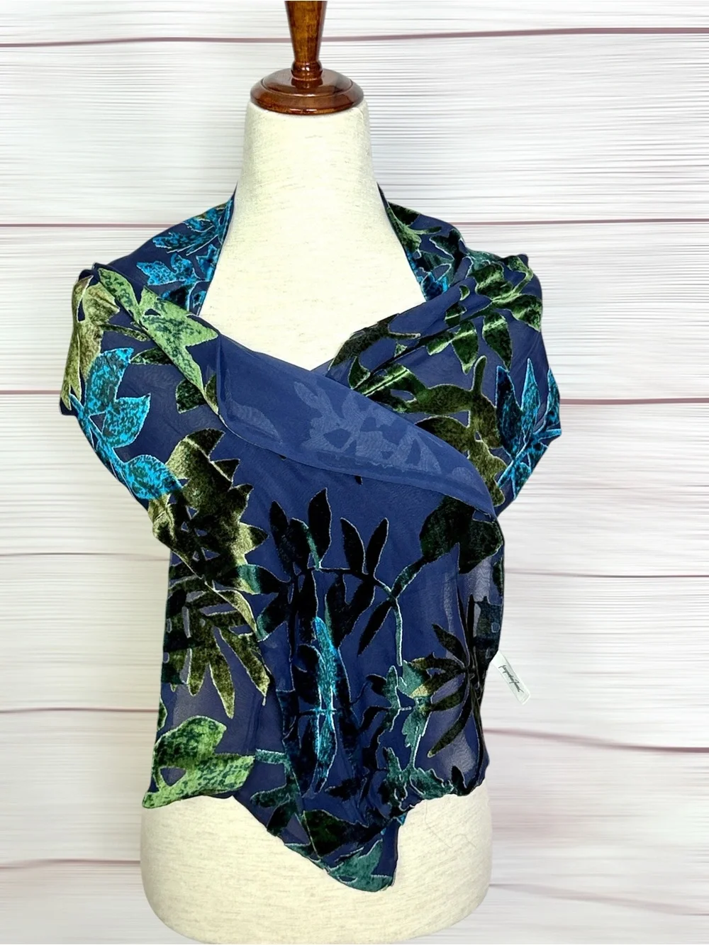Jacqueline Ferrar Scarf Burnout Velvet Silk Blend Blue Olive Green Silk Lined